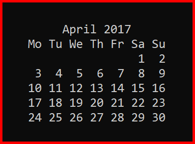 Picture showing the output of calendar in python